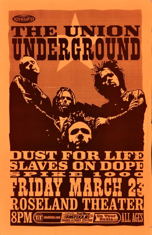 A poster of a group of white men holding one another printed in black on an orange background