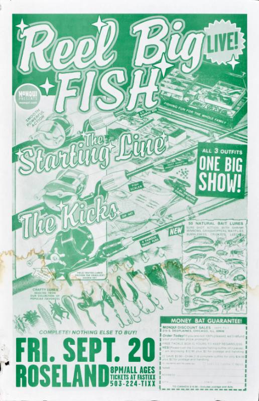 A poster of a table full of food and elaborate text printed in green and white