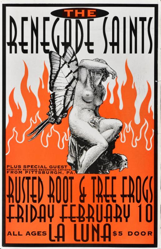 A poster of a naked white woman with butterfly wings on a firey background