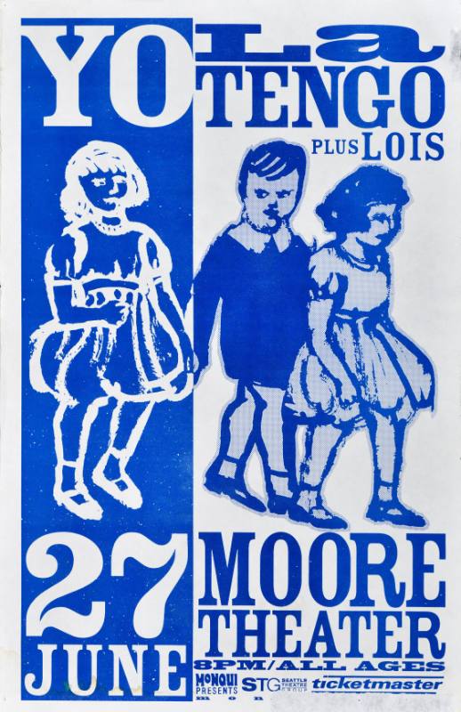 A poster of cartoon boys and girls printed in blue on a blue and white background