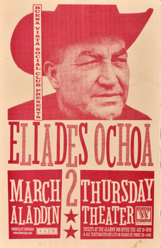 A poster of a white man in a cowboy hat above bouncing text on a red and white background