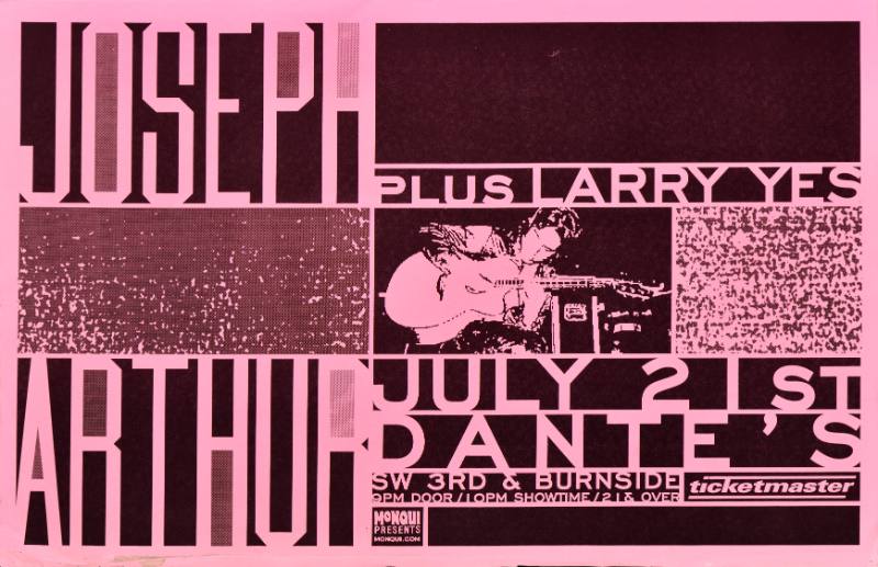 A poster of a white man playing guitar surrounded by blocky text on a pink and black background