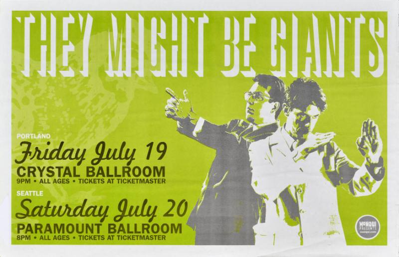 A poster of two white men posing with finger guns printed in green on a white background