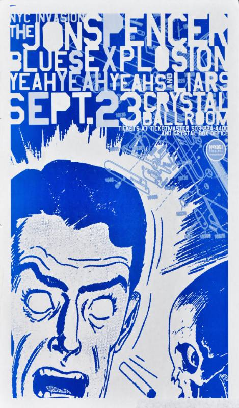 A poster of a screaming cartoon man with a cigarette falling out of his mouth printed in blue on a white background