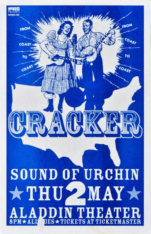 A poster of a man and a woman with banjos and guitars playing on top of a map of the United States