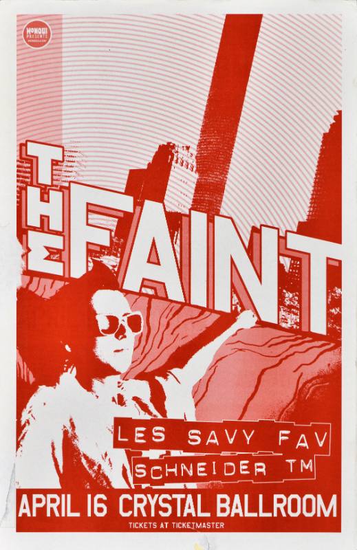 A poster of a white man in front of a cartoon city with 3d text printed in red