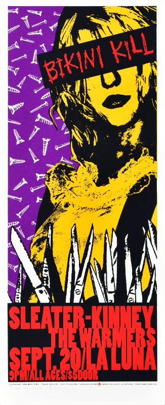 A poster of a white person with text over their face surrounded by knives and scissors