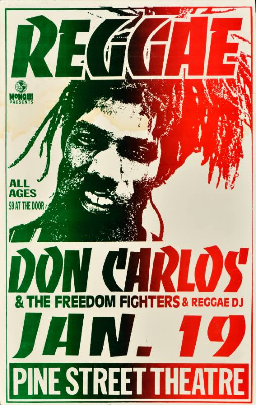 A poster of a Black man with dreadloqs and bold text printed in a green, black, and red gradiant