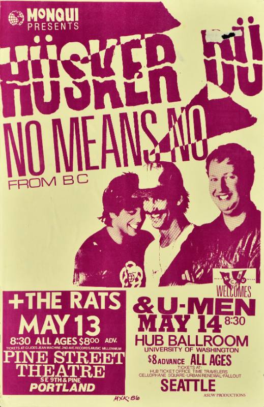 A poster of three white men below shattered text printed in purple on a yellow background