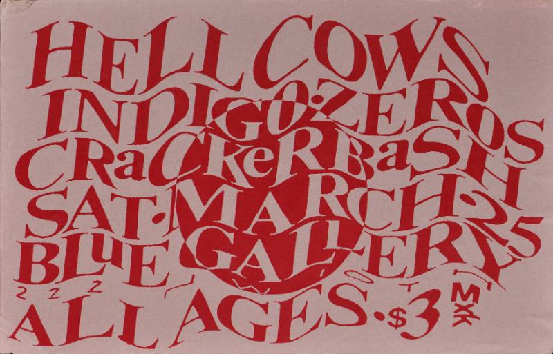 A poster of wavy red text on a pink background