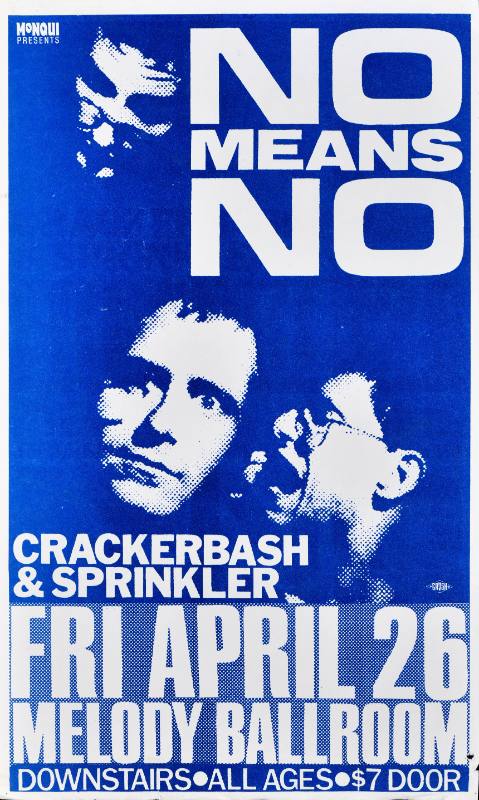 A poster of three white men yelling at one another printed on a blue background