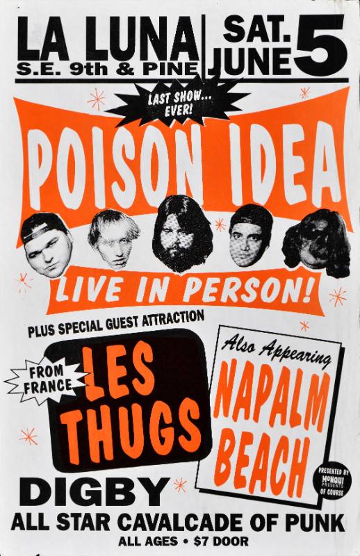 A poster of a group fo white men's heads printed in a line on a white background with orange text