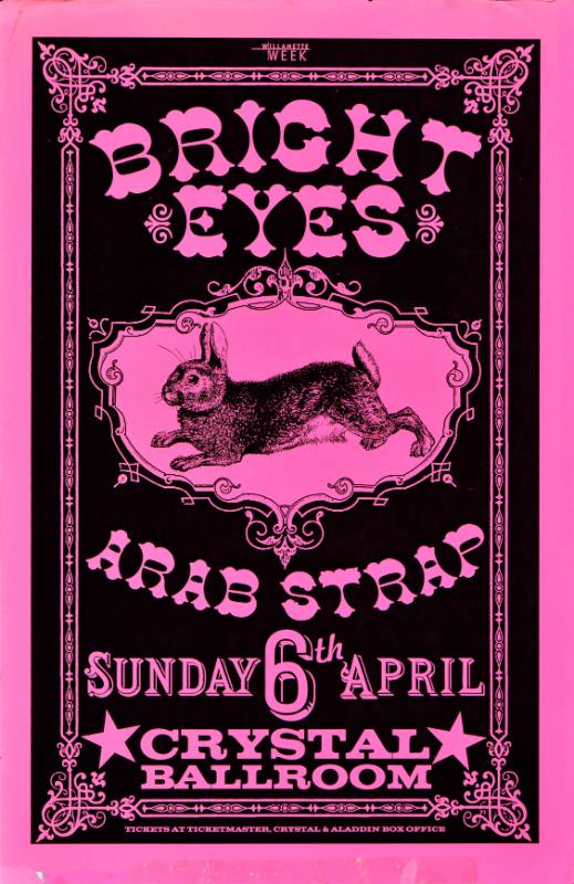 A poster of a cartoon rabbit surrounded by elaborate text on a pink background