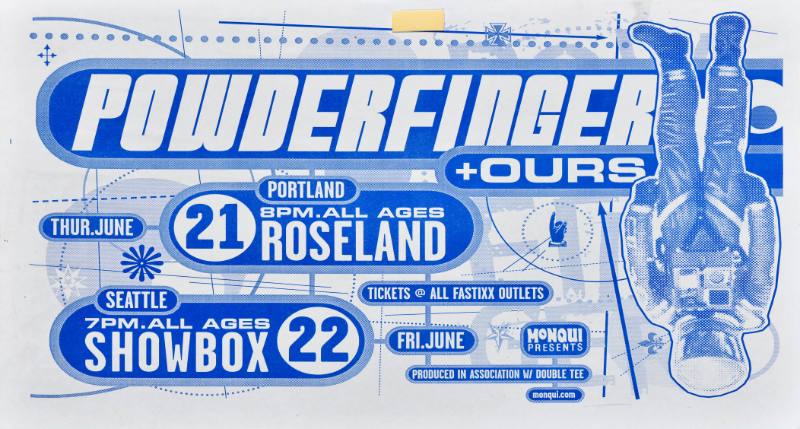 A poster of an upside down astronaut and bold text printed in blue on a white background