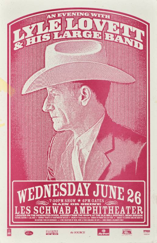 A poster of a white man in a cowboy hat printed in red on a white background