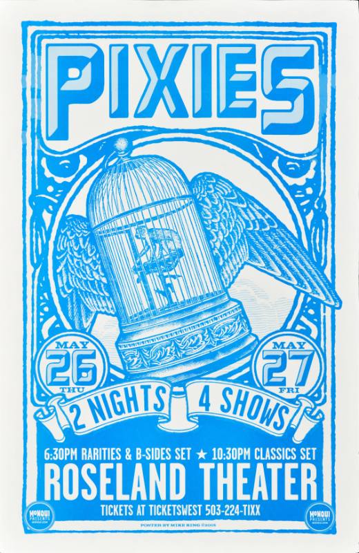 A poster of a bird in a cage with wings printed on an elaborate blue background