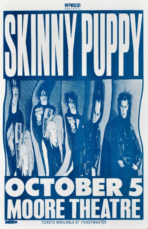 A poster of distorted white men in between bold white text on a blue background