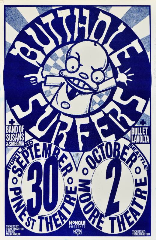 A poster of a bald cartoon character gesturing wildly surrounded by circular text on a blue background