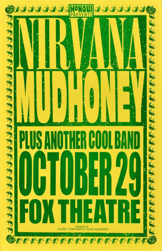 A poster of green and yellow bold text on a yellow background