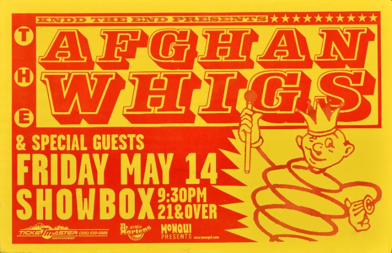 A poster of a cartoon man with a crown made out of a spiral on a yellow and red background