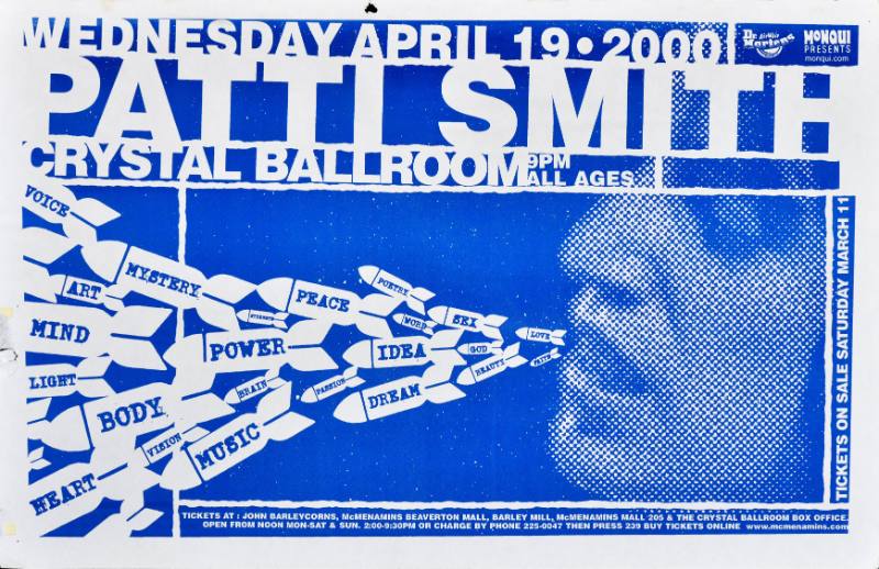 A poster of a white woman's face with cartoon bombs with words on them coming out of her mouth