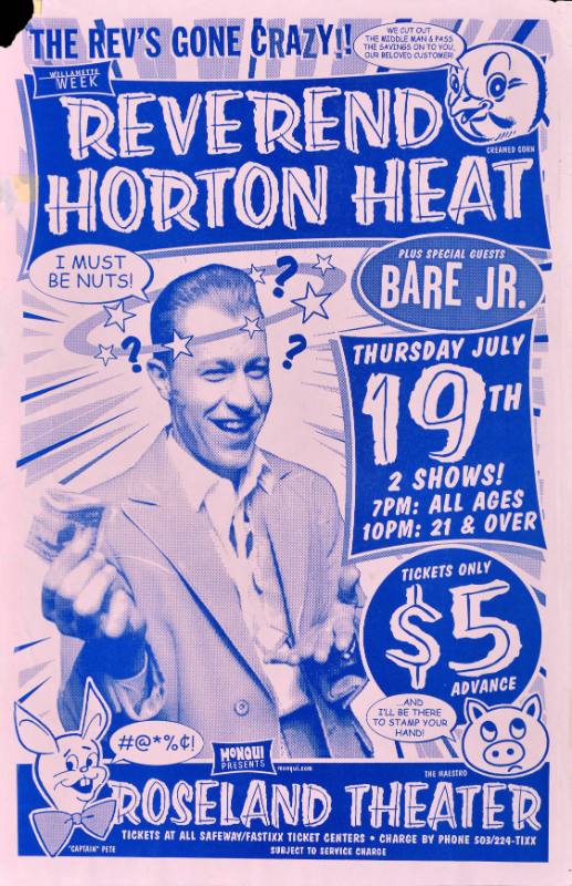 A poster of a white man with stars and question marks around his head printed in blue on a pink background