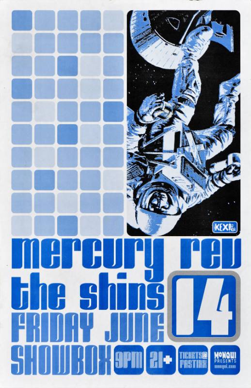 A poster of an upside down astronaut and blue squares above modern blue text