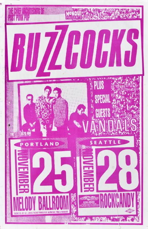 A poster of a group of white men posing printed on a purple and white background