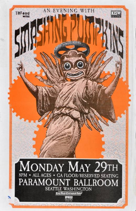 A poster of an ominous figure with cartoon eyes and angel wings made out of hands on a white and orange background