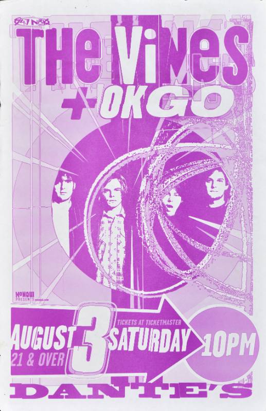 A poster of a group of white men printed in pink on a white background