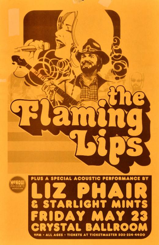 A poster of a cartoon man and woman performing music printed with bubble text on a yellow background