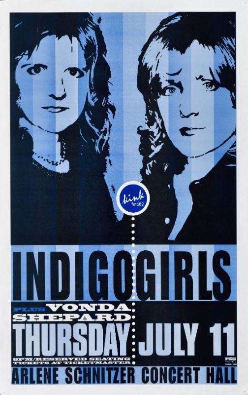 A poster of two white women's faces printed on a blue striped background
