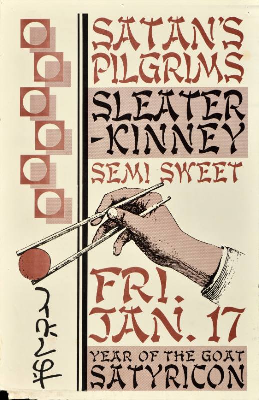 A poster of a hand using chopsticks surrounded by pseudo-Asian script