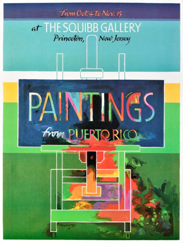 A poster of colorful text in a blue rectanle on a striped blue, yellow, white, and green background covered in geometric shapes