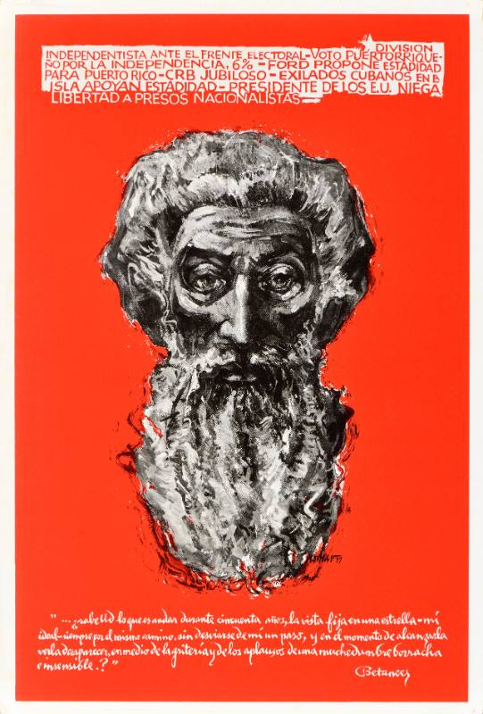 A poster of a serious man with a long beard on a red background in between handwritten text