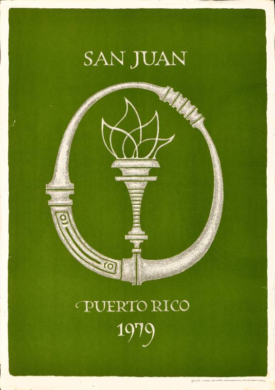 A poster of a lit torch inside of a ring on a green background