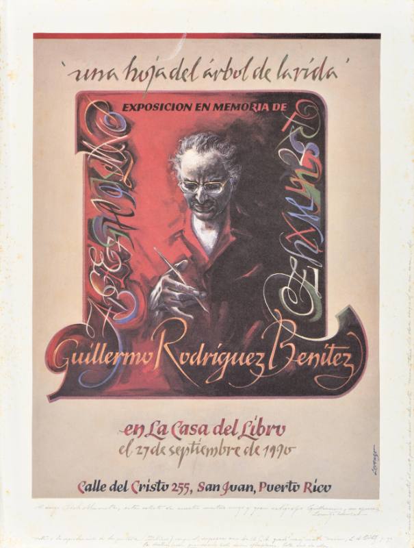 A poster of a downward facing man holding a pen on a red background