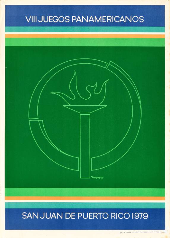 A poster of a lit torch inside of a ring on a green background