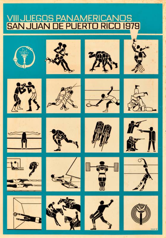 A poster of cartoon sports players arranged as a grid on a blue background