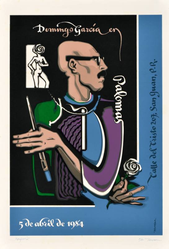 A poster of a bald man holding a baton on a black and blue background