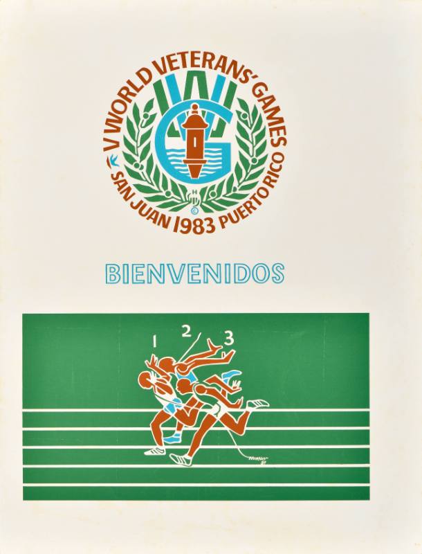 A poster of track athletes racing on a green field on a white background