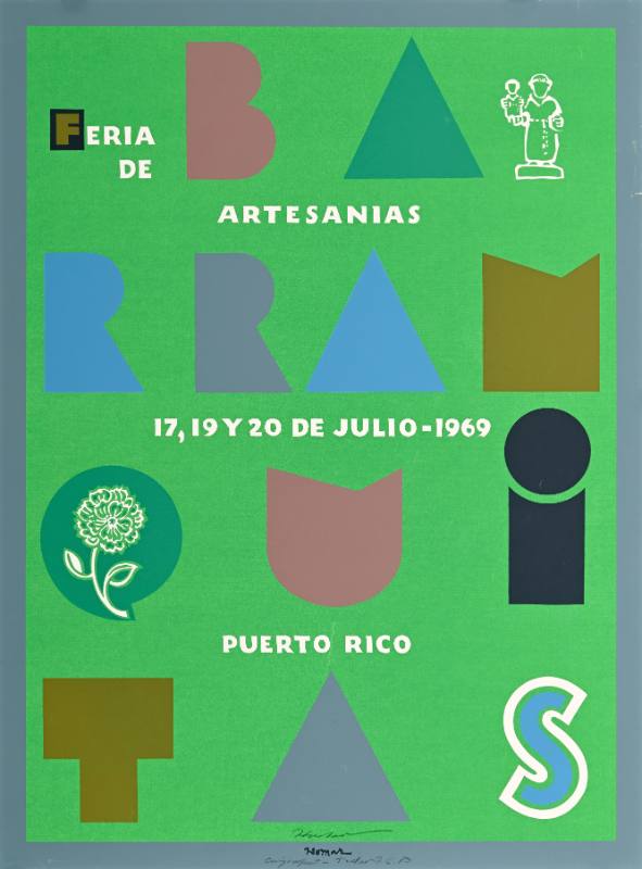 A poster of blocky colorful text and a flower on a green background