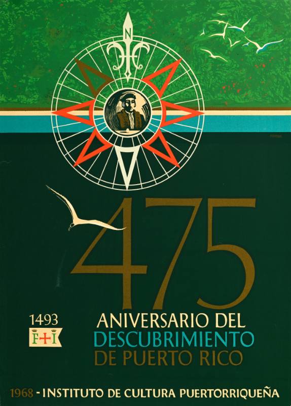 A poster of a man's face inside of a compass on a green background