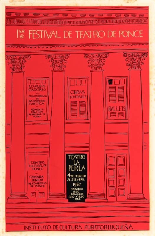 A poster of a red theater with a black block in front of one of the doors