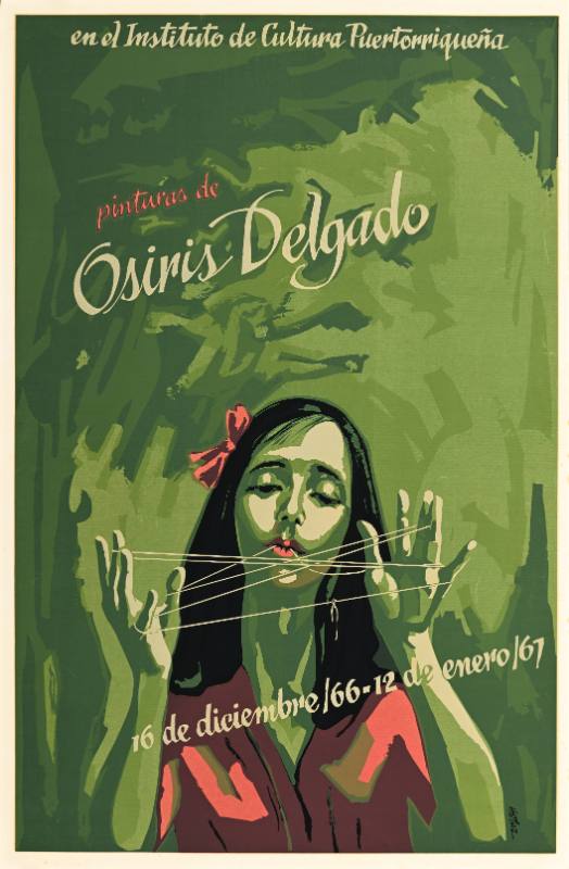 A poster of a shadowy woman in a red hairbow playing with string on a green background