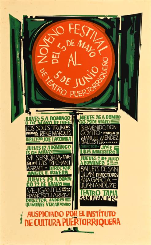 A poster of a red dot inside of a green folder on a beige background