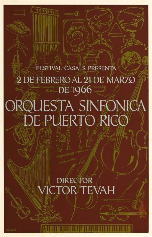 A poster of drawings of instruments on a red background with white text overlaid on top of it