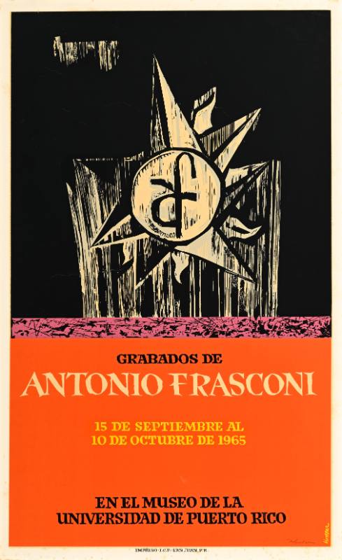 A poster of a shadowy sun with lines coming out of it on a black and red background