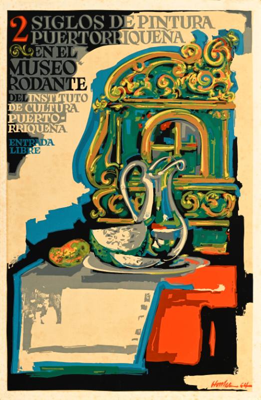 A poster of a table set with bowls, fruit, and a pitcher on a beige background