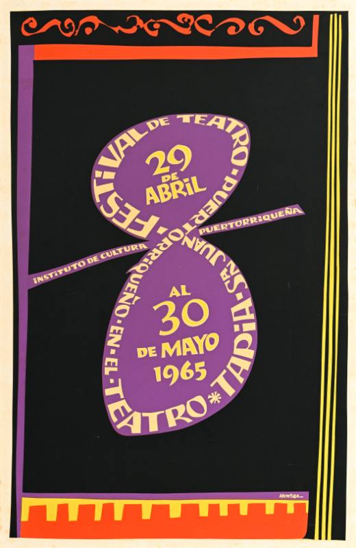 A poster of a purple geometric shape made out of curving text with an ornamented frame on a black background